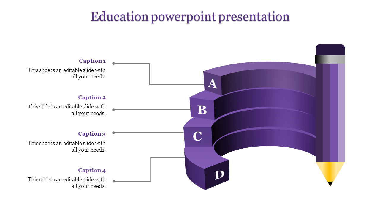 Education slide with a curved purple staircase labeled A to D, paired with captions, connected to a pencil graphic.