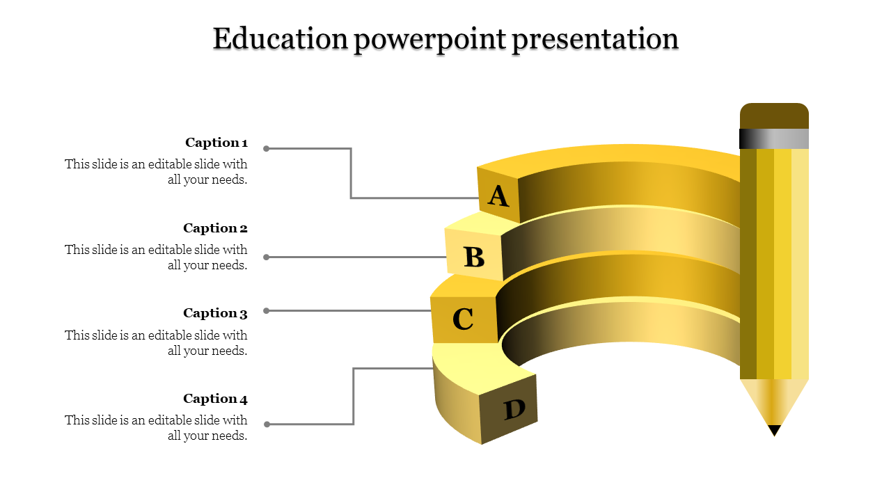 Education PowerPoint presentation featuring a golden pencil and four curved blocks with caption slots.