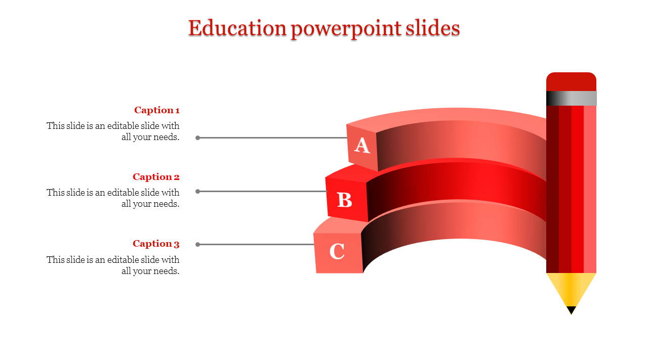 Education PowerPoint slide featuring a colorful red spiral design with three labeled sections and a pencil illustration.