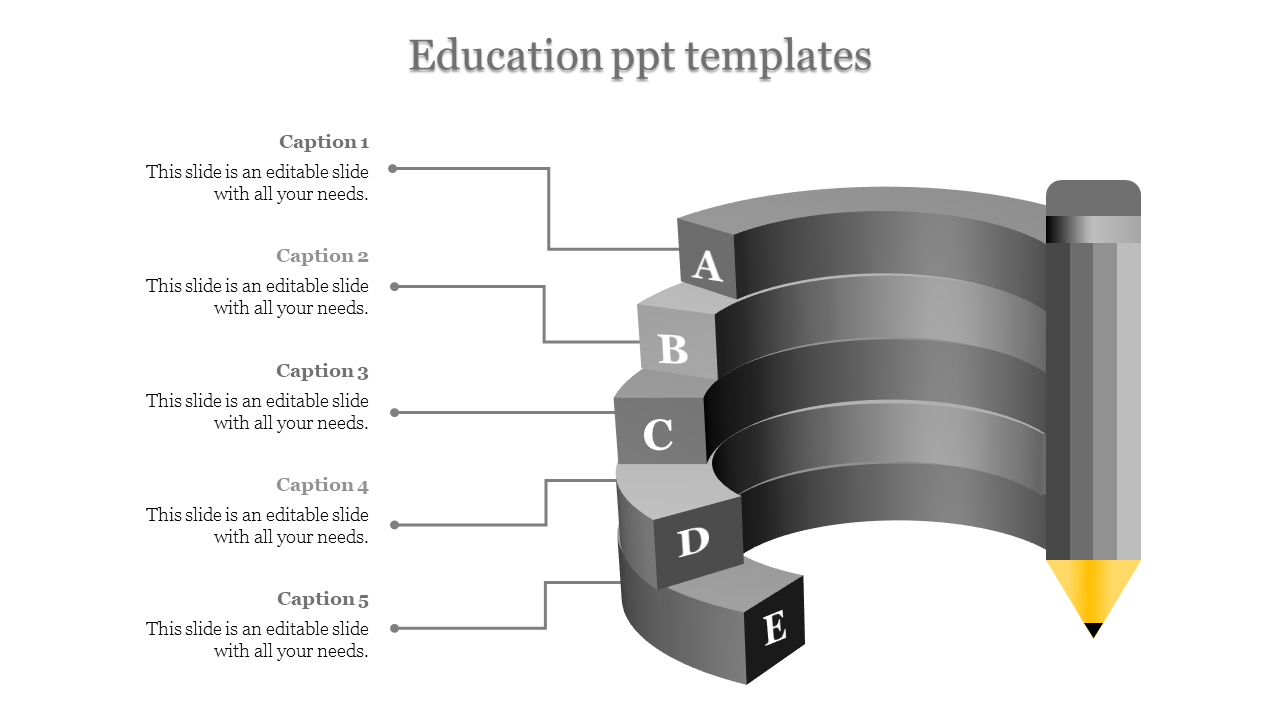 Education PowerPoint template with a gray curved design and five labeled sections for captions, next to a pencil.