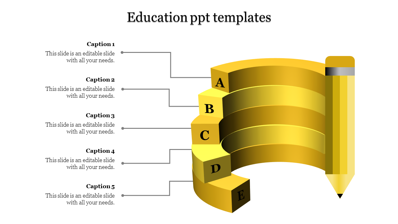 Education themed infographic featuring a yellow curved staircase labeled A to E, resembling a pencil.