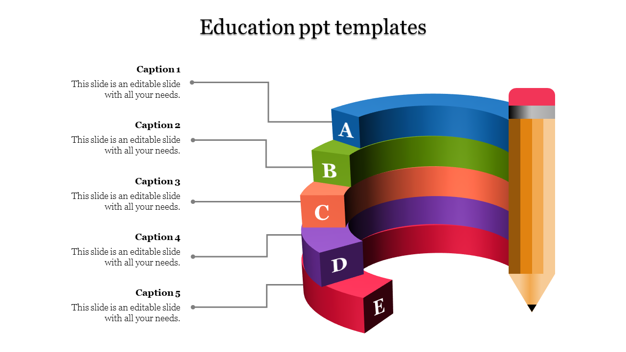 Education PowerPoint template with a colorful curved design and five labeled sections for captions, next to a pencil.