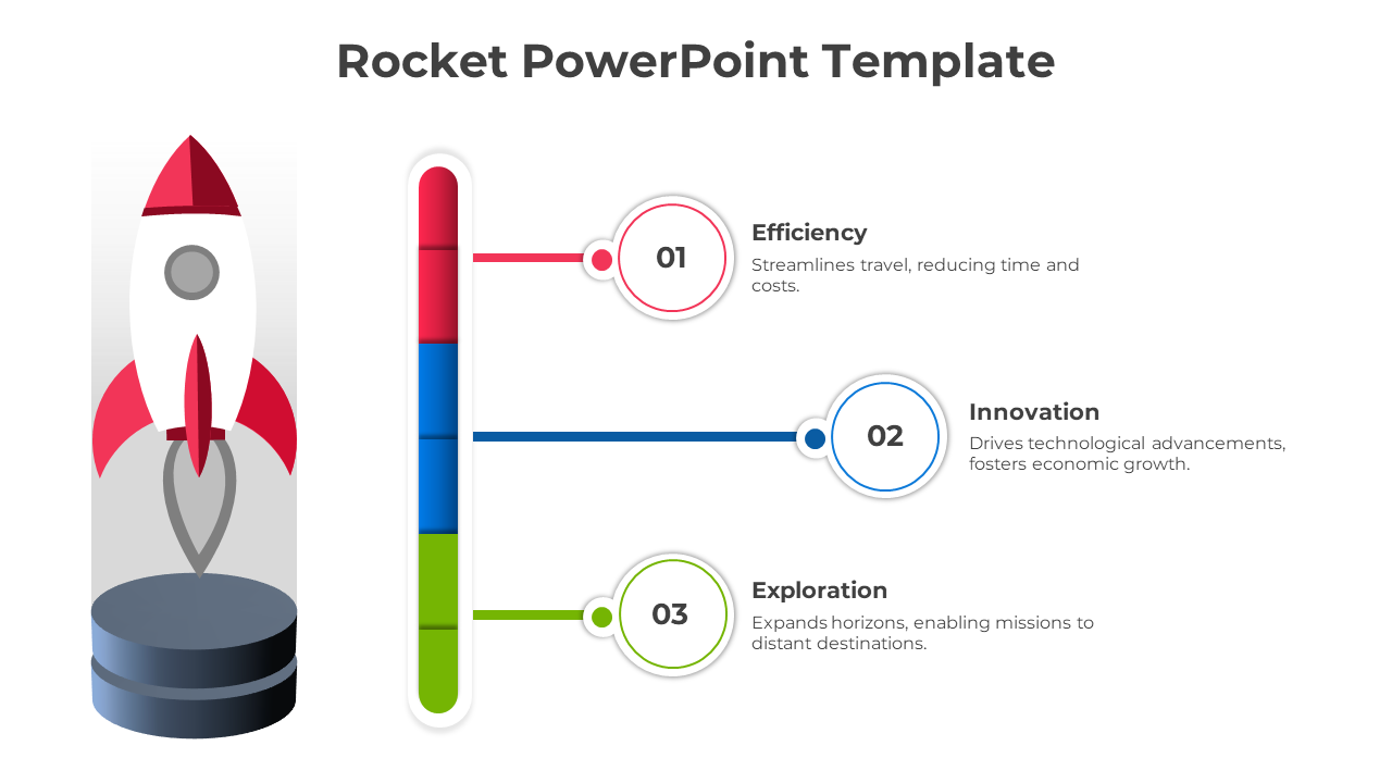 Illustration of a rocket and a vertical multicolored bar with three steps in red, blue, and green, each with numbered text.