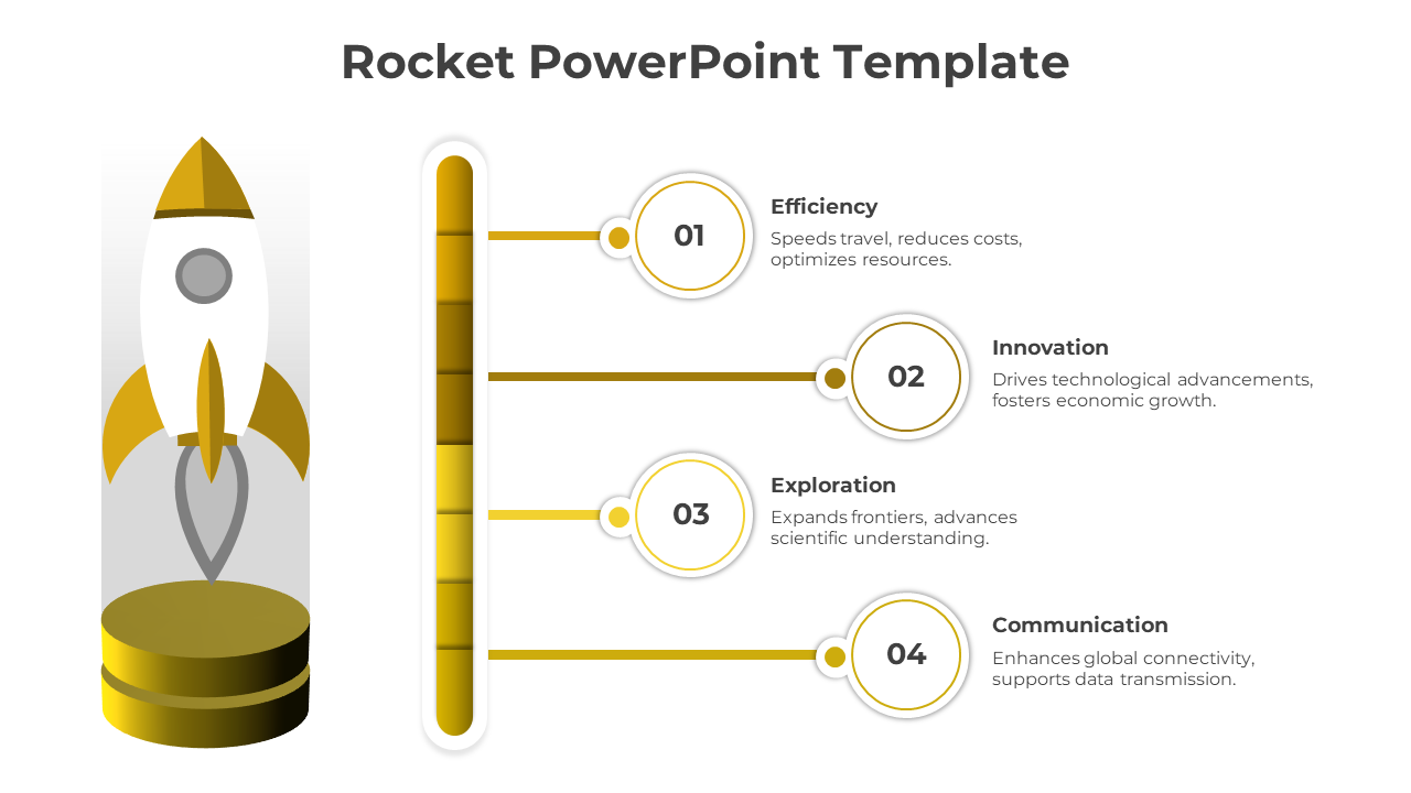 Rocket PPT slide showcasing four key elements from efficiency to communication, with a yellow rocket icon on the left.