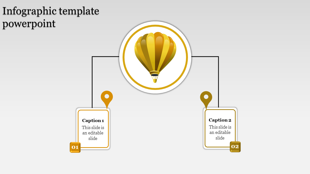 Central yellow hot air balloon icon connected to two caption boxes below, with gold markers labeled 01 and 02.