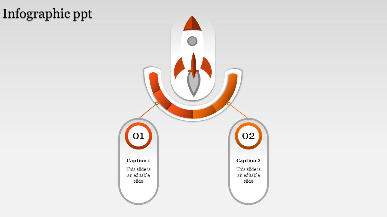 Orange themed rocket diagram with two connected oval text boxes labeled 01 and 02 in a minimalistic style.