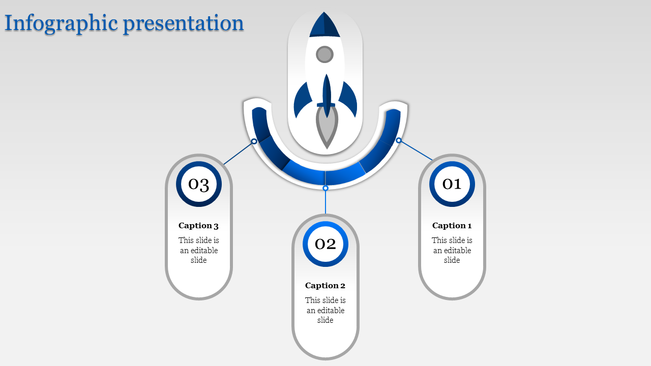 Rocket themed infographic with three stages, labeled three connected by curved lines in a blue and gray color scheme.