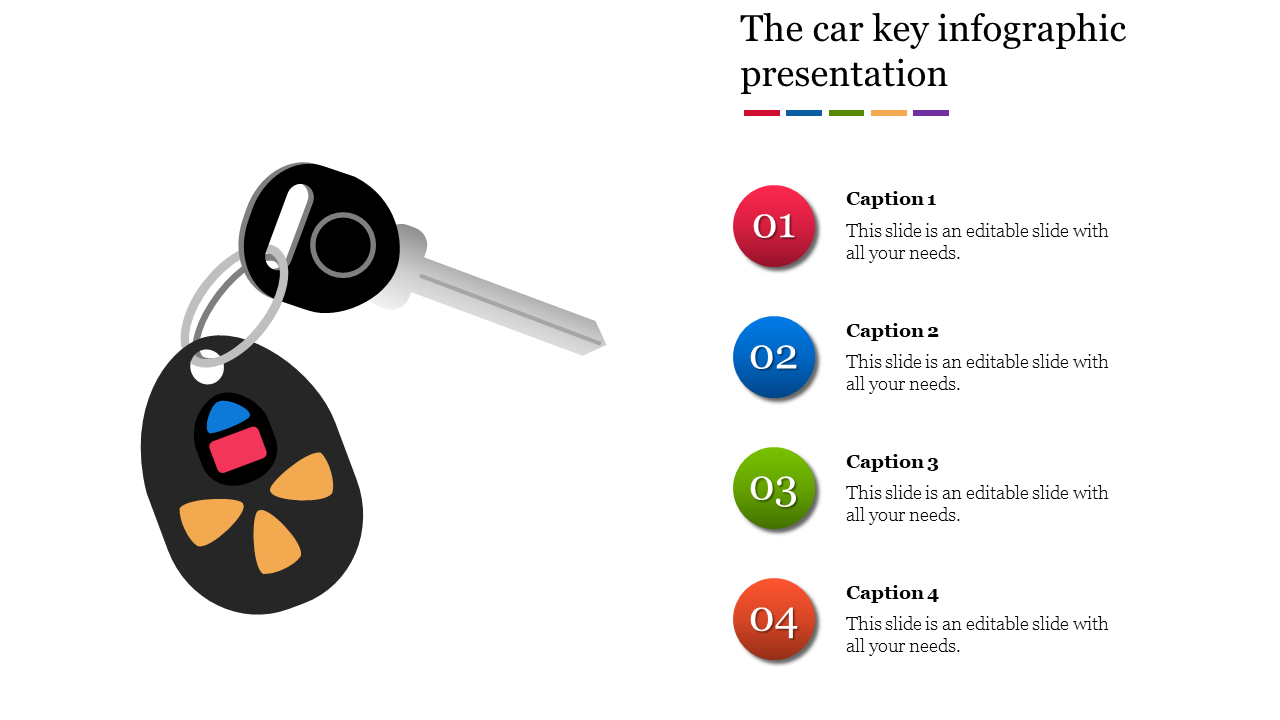 Infographic PowerPoint slide with a car key image, showing four colorful captions with placeholder text.