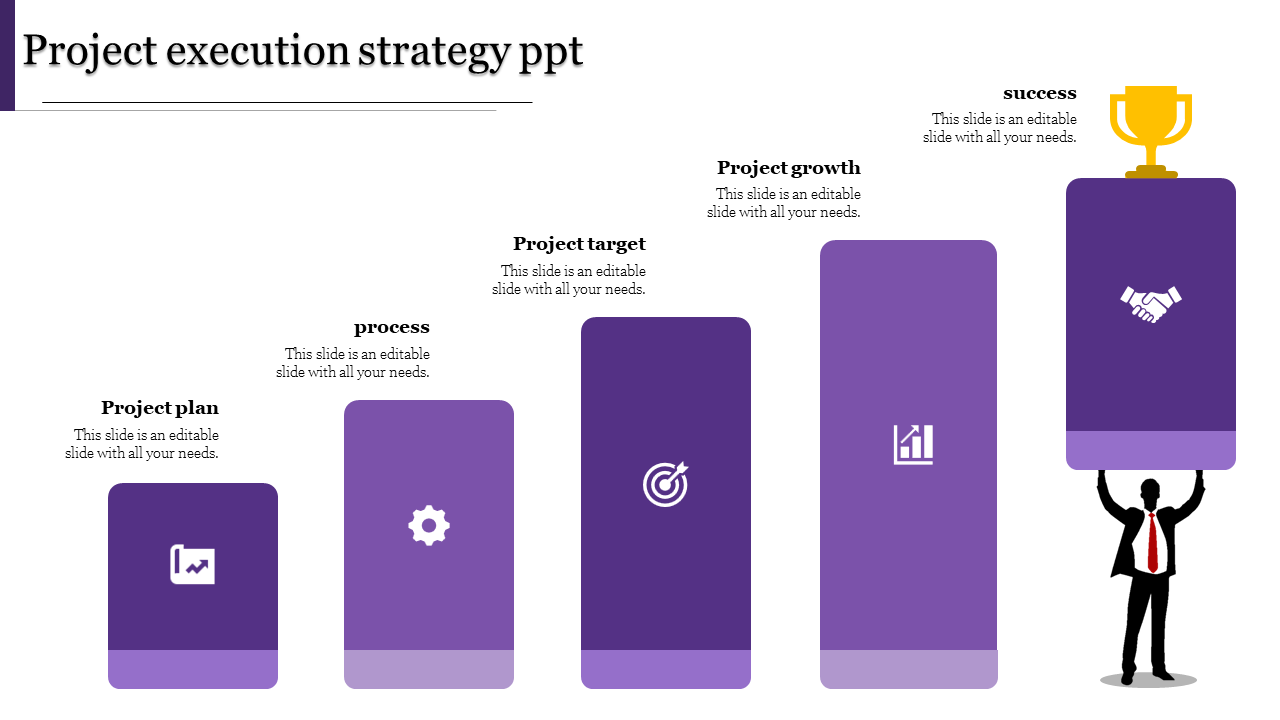 Project plan to success flow, with stages shown as purple blocks of increasing height, ending with a trophy and a figure.