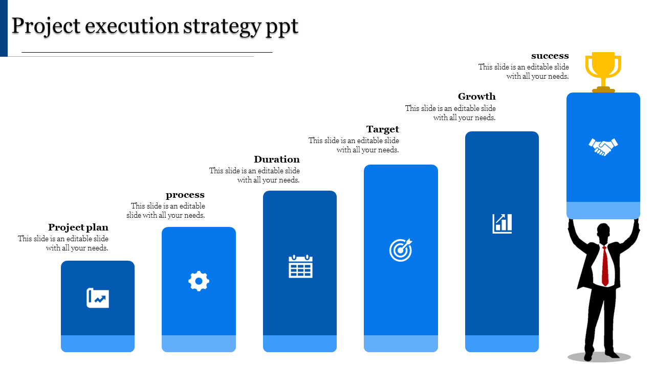 Project execution strategy slide with six stages from project plan to success, represented by blue blocks with icons.