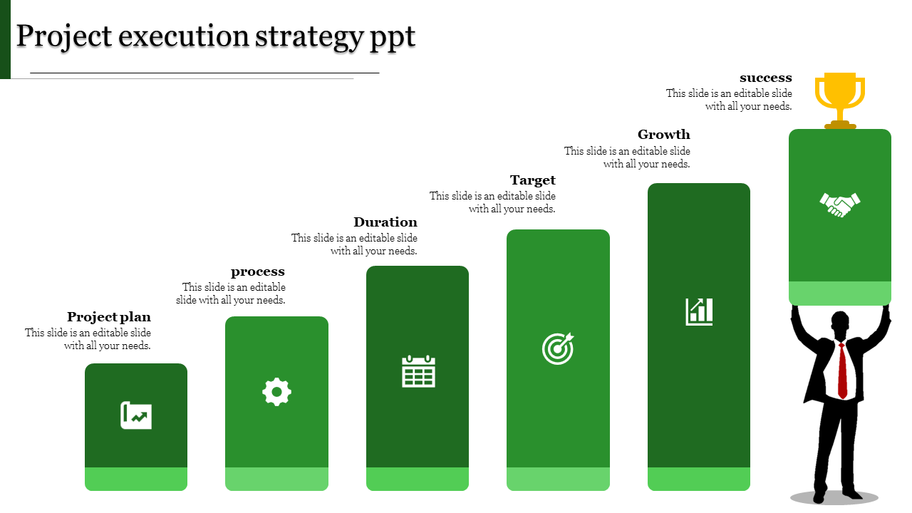 Project execution template with an upward progression of green blocks, each representing key business phases.