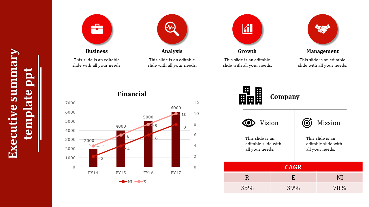 Executive summary slide showcasing business analysis, financial data, and company vision and mission in a structured layout.