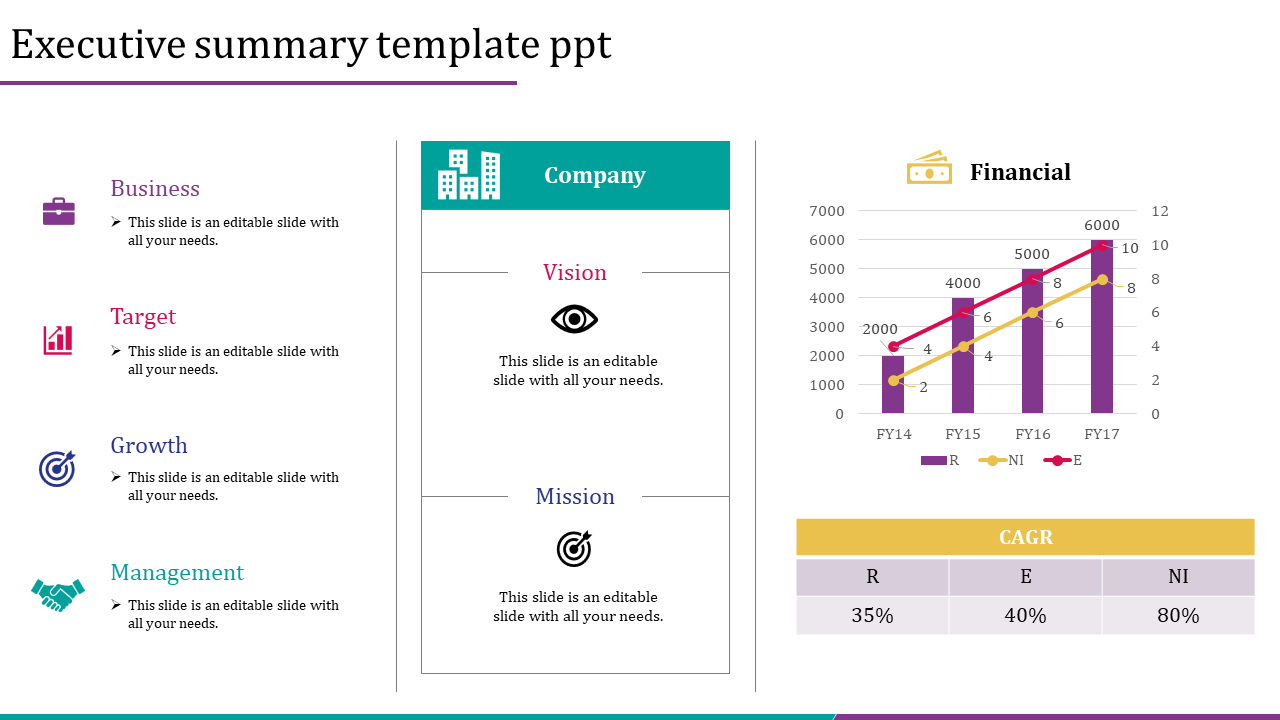 Executive summary slide featuring business elements like vision and mission alongside financial charts with icons.