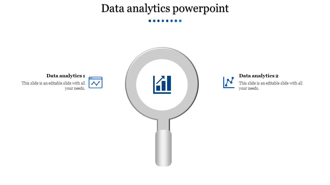 Data analytics PowerPoint template featuring two sections with blue icons for web data and chart analysis.