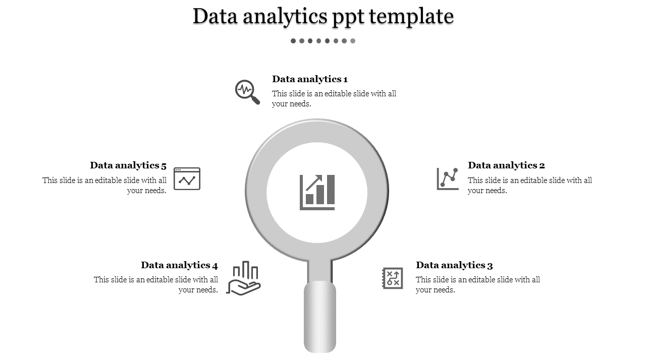 Monochrome slide with a magnifying glass in the center, and five surrounding icons, each with captions.