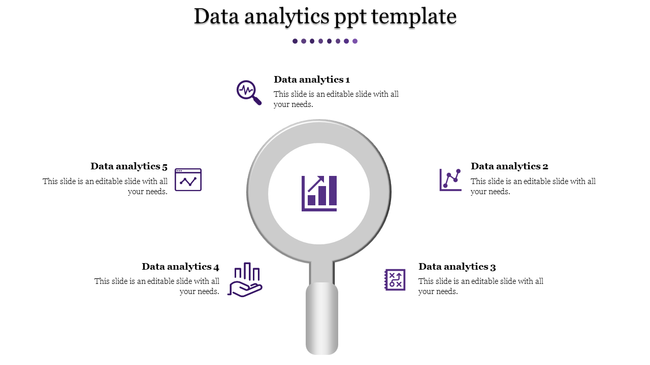 Data analytics template with a central magnifying glass and surrounding icons place with caption areas.