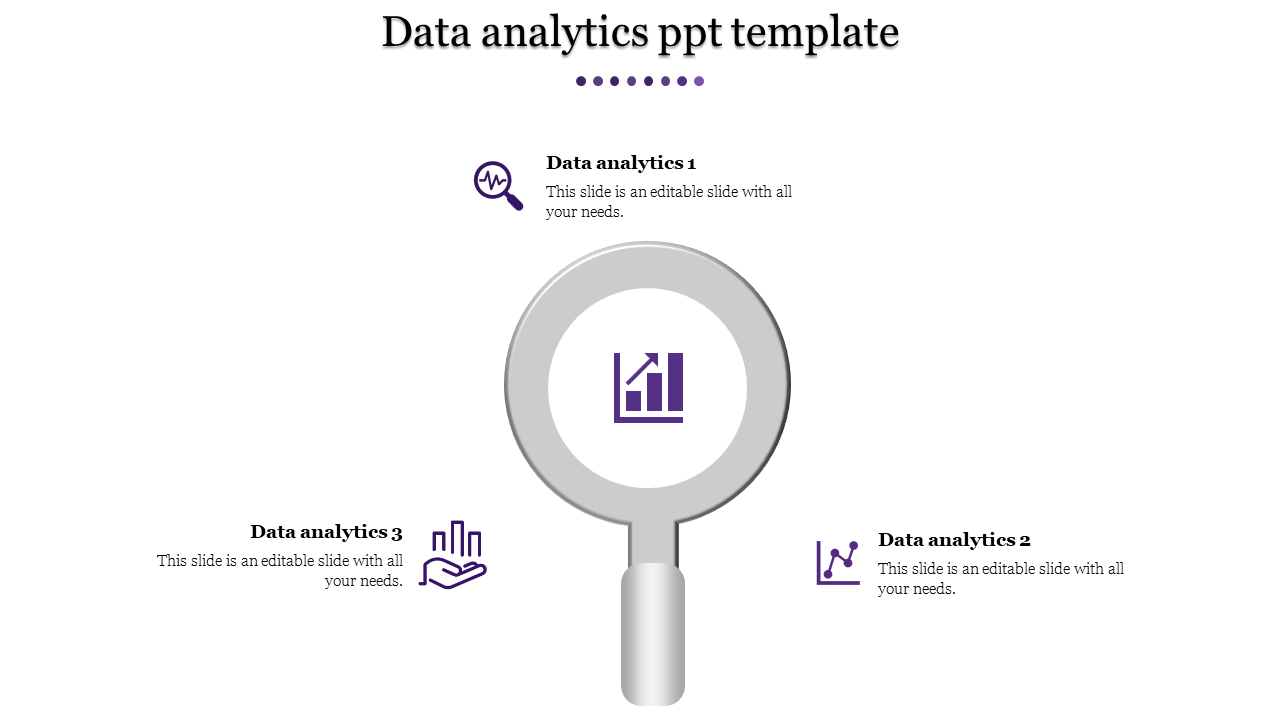 A PowerPoint slide featuring a magnifying glass focusing on data analysis with icons representing various analytics metrics.