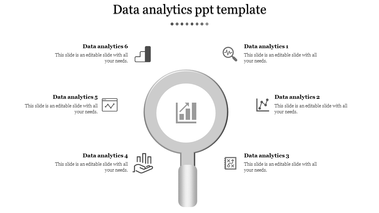 Data analytics PowerPoint template with six sections, each with gray icons representing data, charts, and analytics.