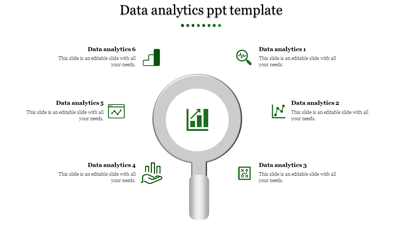 Central magnifying glass with a green graph, surrounded by six data related icons arranged circularly.