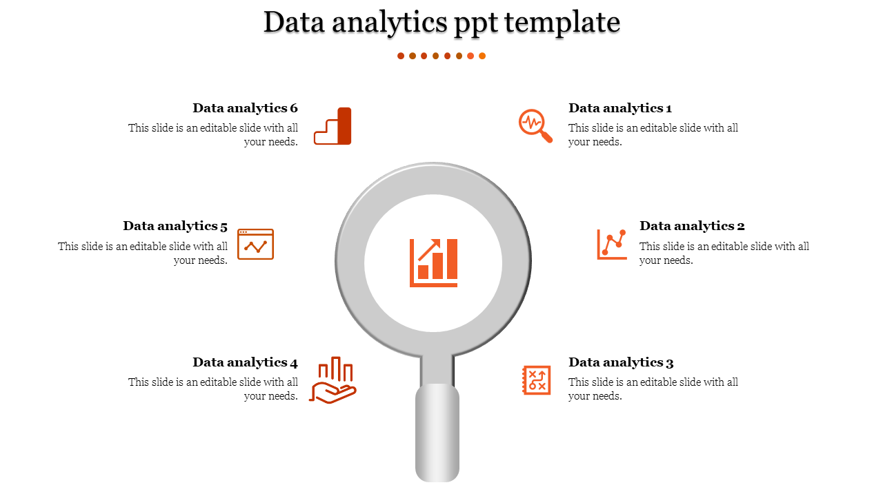 A data analytics slide featuring a magnifying glass icon at the center, surrounded by sections for various analytics topics.