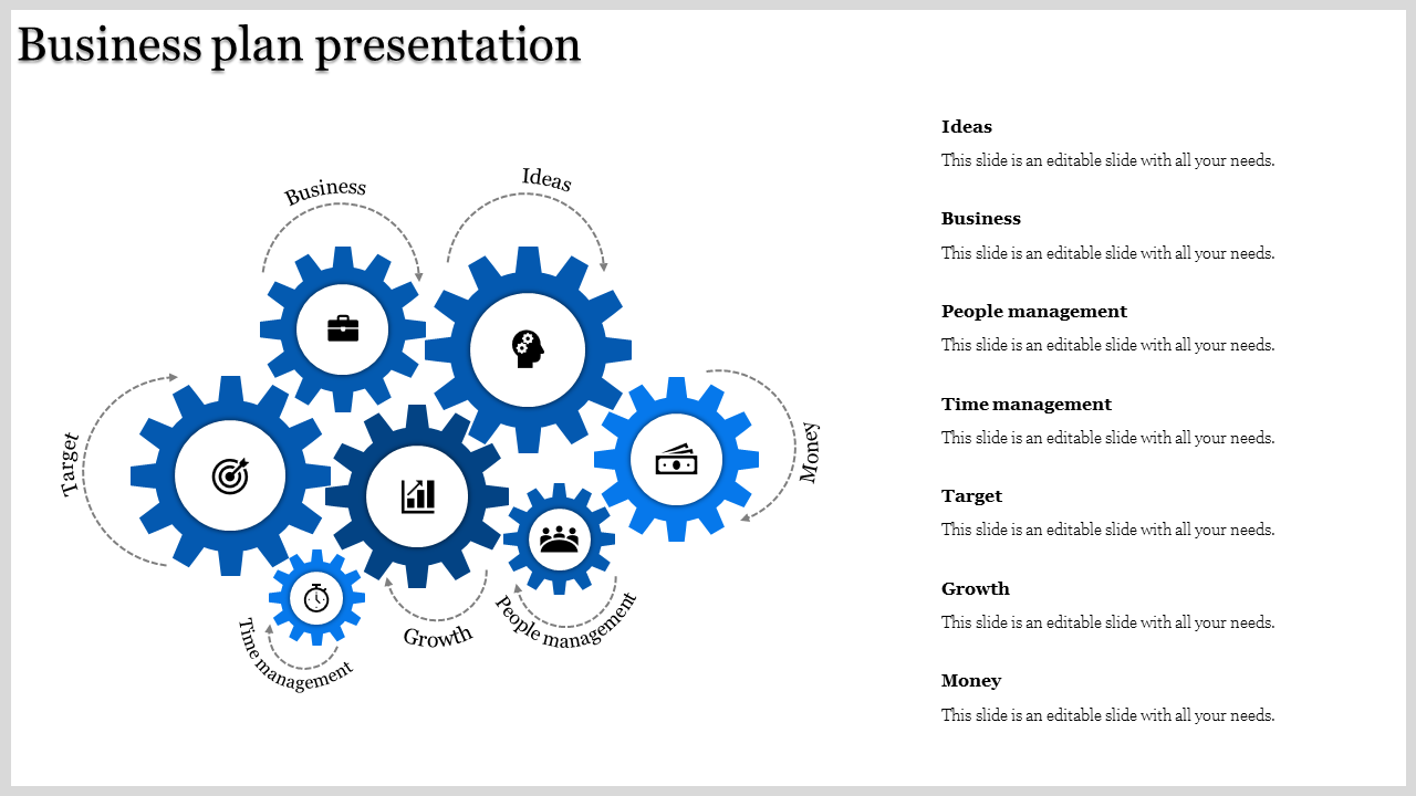 Business plan PowerPoint template with interconnected blue gears representing various business aspects.