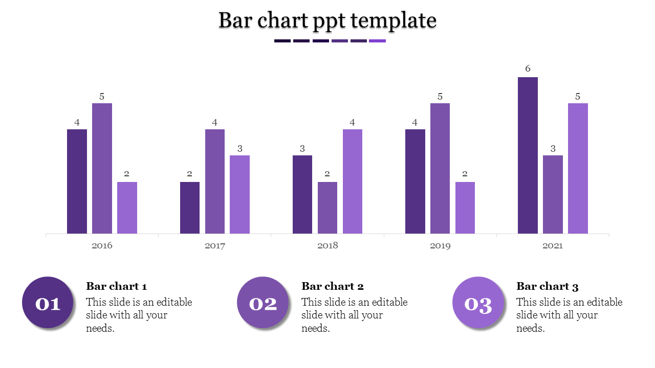 Bar chart slide showcasing yearly data from 2016 to 2021, with three distinct bar categories and values in shades of purple.