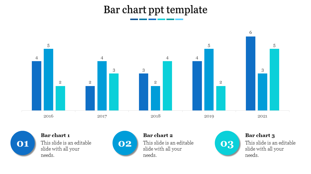 A blue themed slide featuring a multi year bar chart comparison from 2016 to 2021 with three placeholders below.