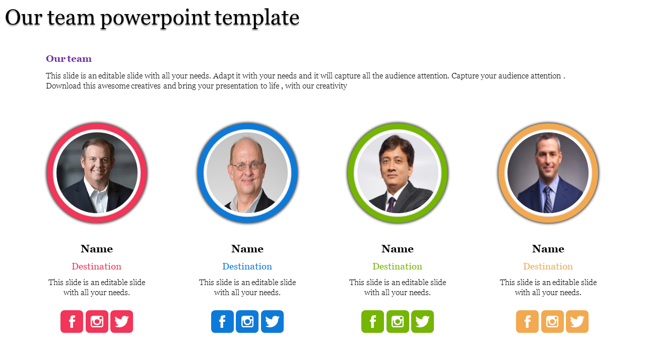 Slide showcasing a team slide featuring four individual profiles, each with space for a name, destination, and icons.