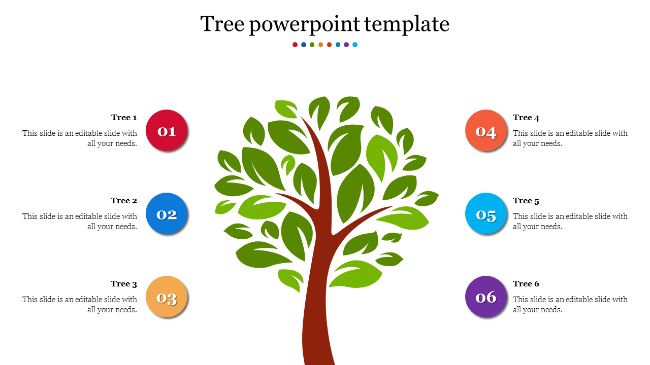 Tree themed PowerPoint template with numbered sections for tree facts, each with a vibrant colored icon.