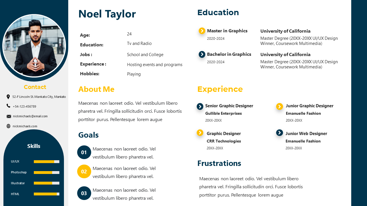 Graphic designer’s resume with a detailed portfolio, skills proficiency, job experience, and personal achievements.