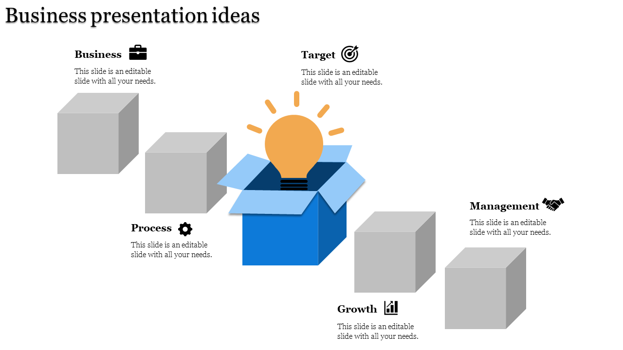 Business presentation layout with a light bulb in a blue box at the center, surrounded by four gray cubes representing ideas.