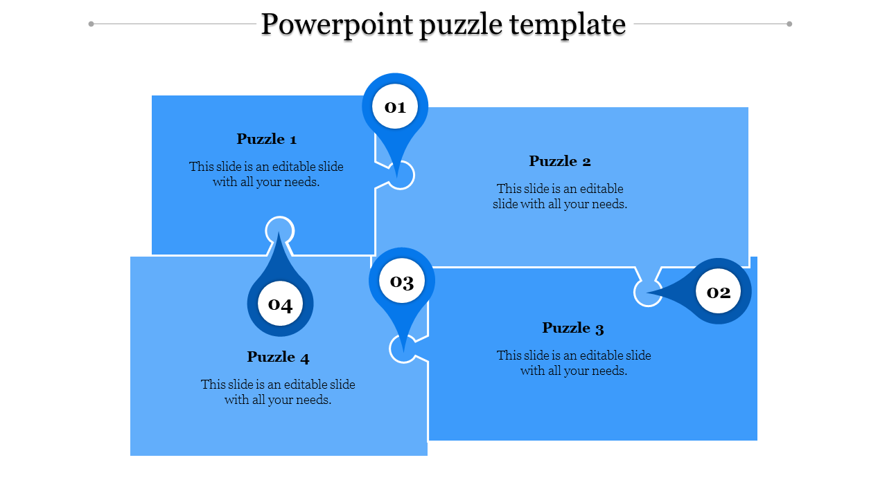 Blue puzzle template with four interconnected pieces, numbered markers, and placeholder text areas sections.