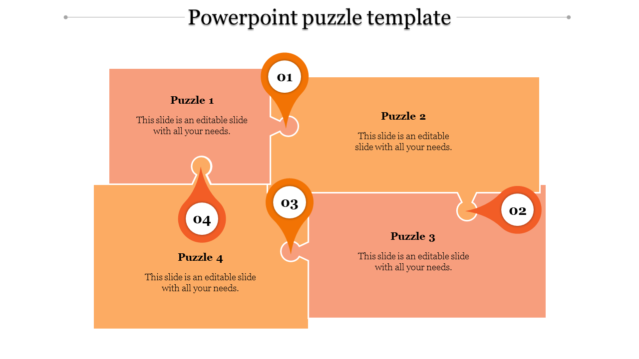 Orange puzzle PowerPoint template with labeled pieces, each representing a stage in a process from 1 to 4.