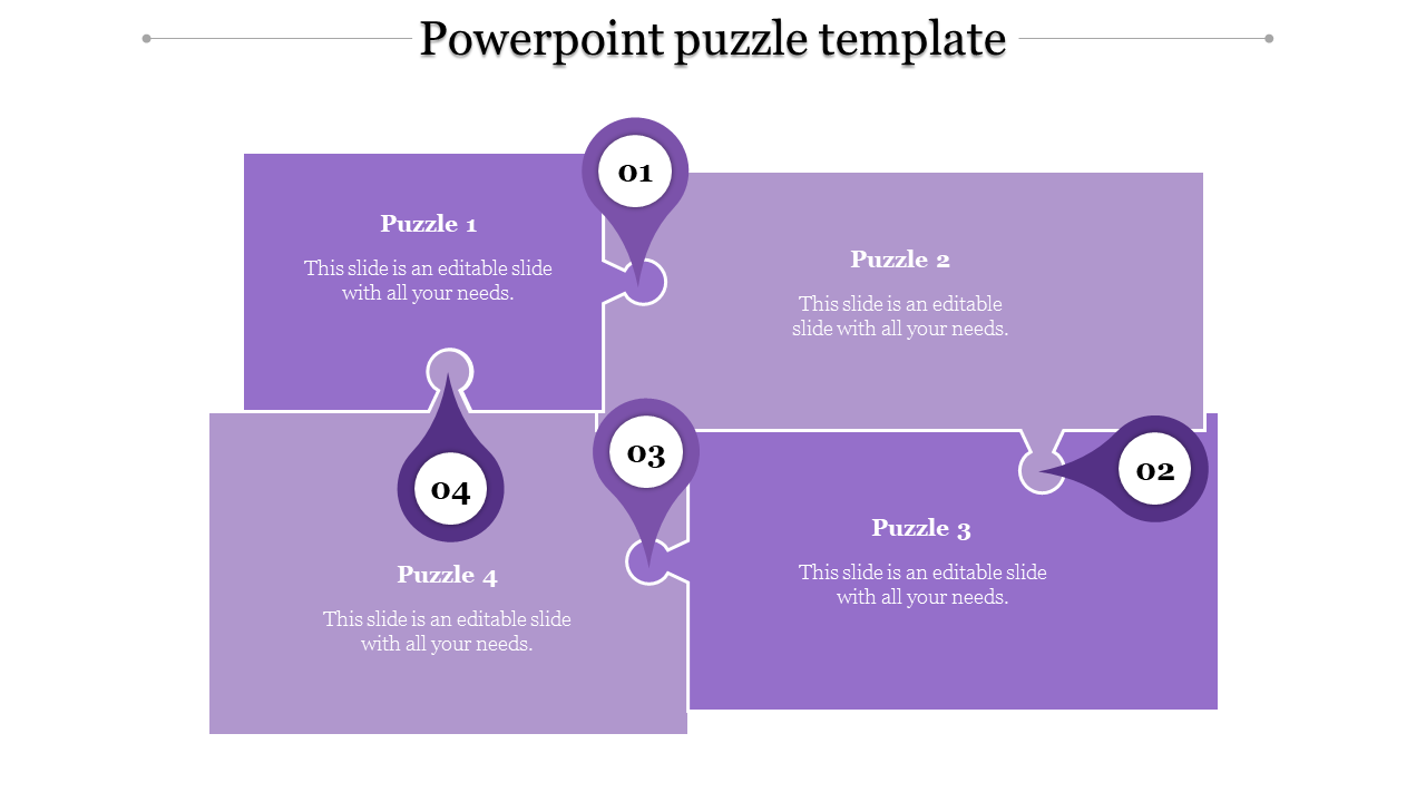 Four purple puzzle blocks connected in a square pattern with circular labels showing numbers and text sections.