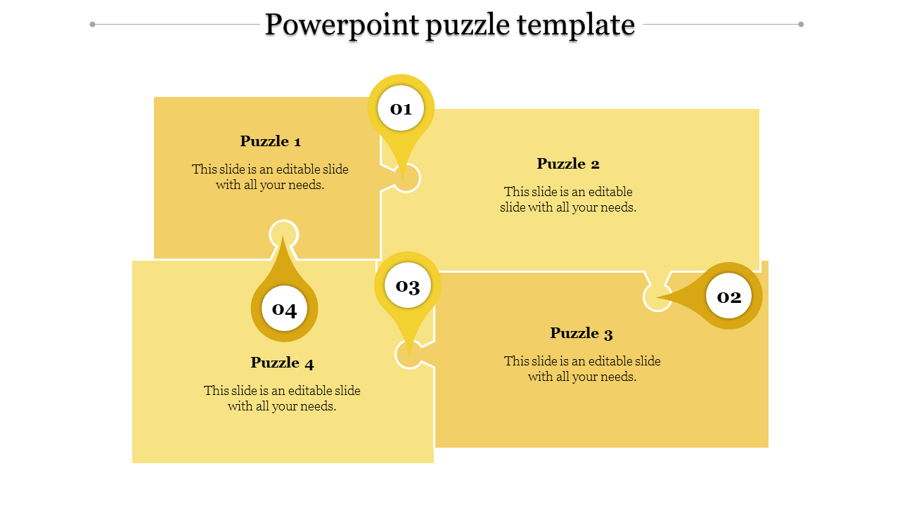 Yellow puzzle PowerPoint template with labeled pieces, each representing a stage in a process from 1 to 4.