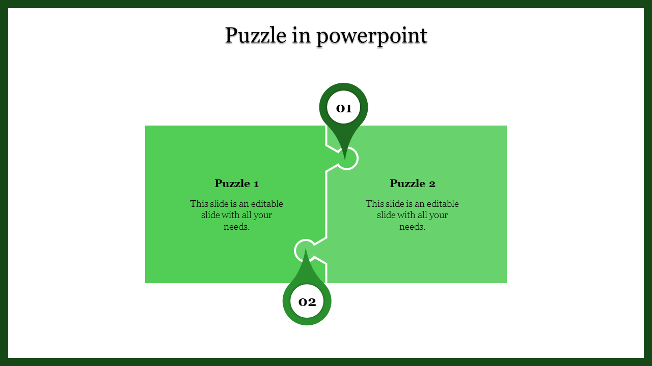 PowerPoint template with two connected puzzle pieces in green with numbered labels and space for placeholder text.