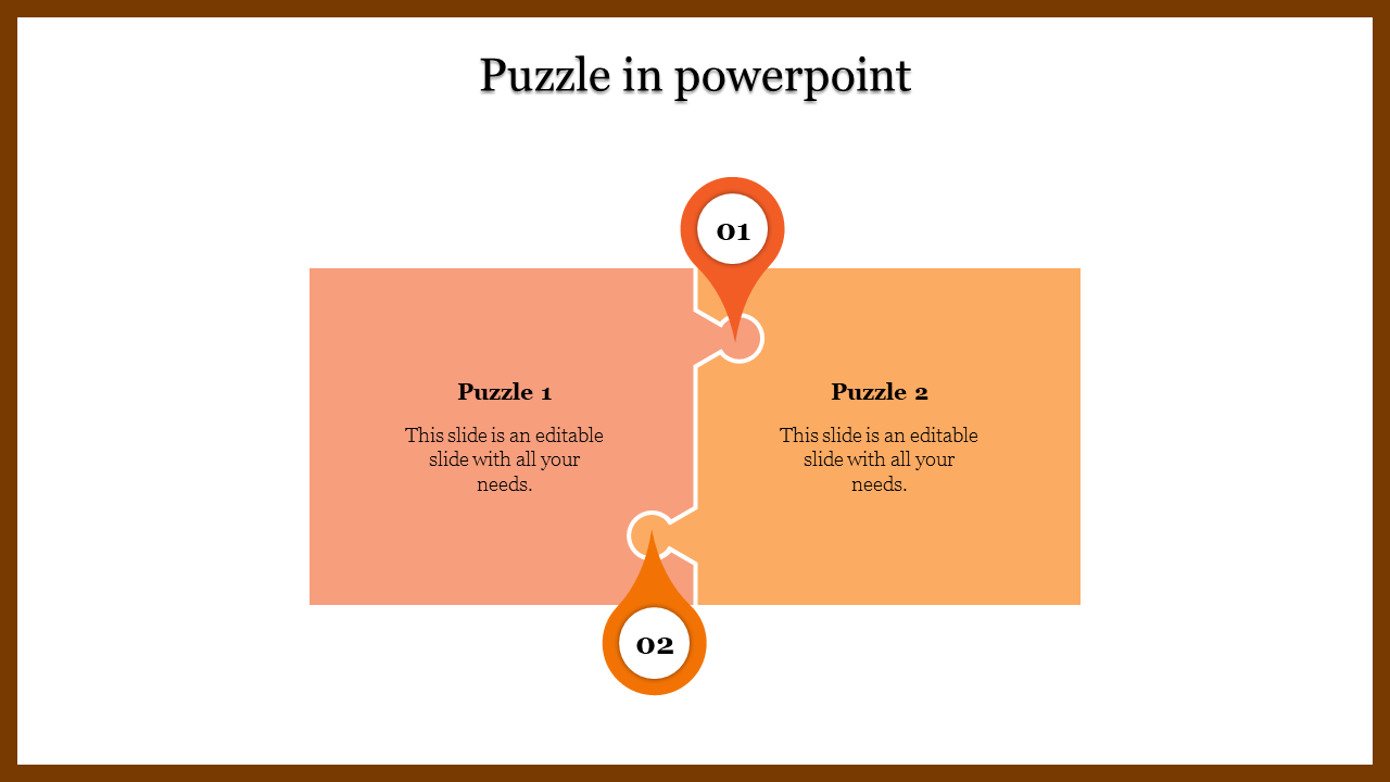 Infographic with two connected orange puzzle pieces, labeled 01 and 02, each with descriptive text inside.