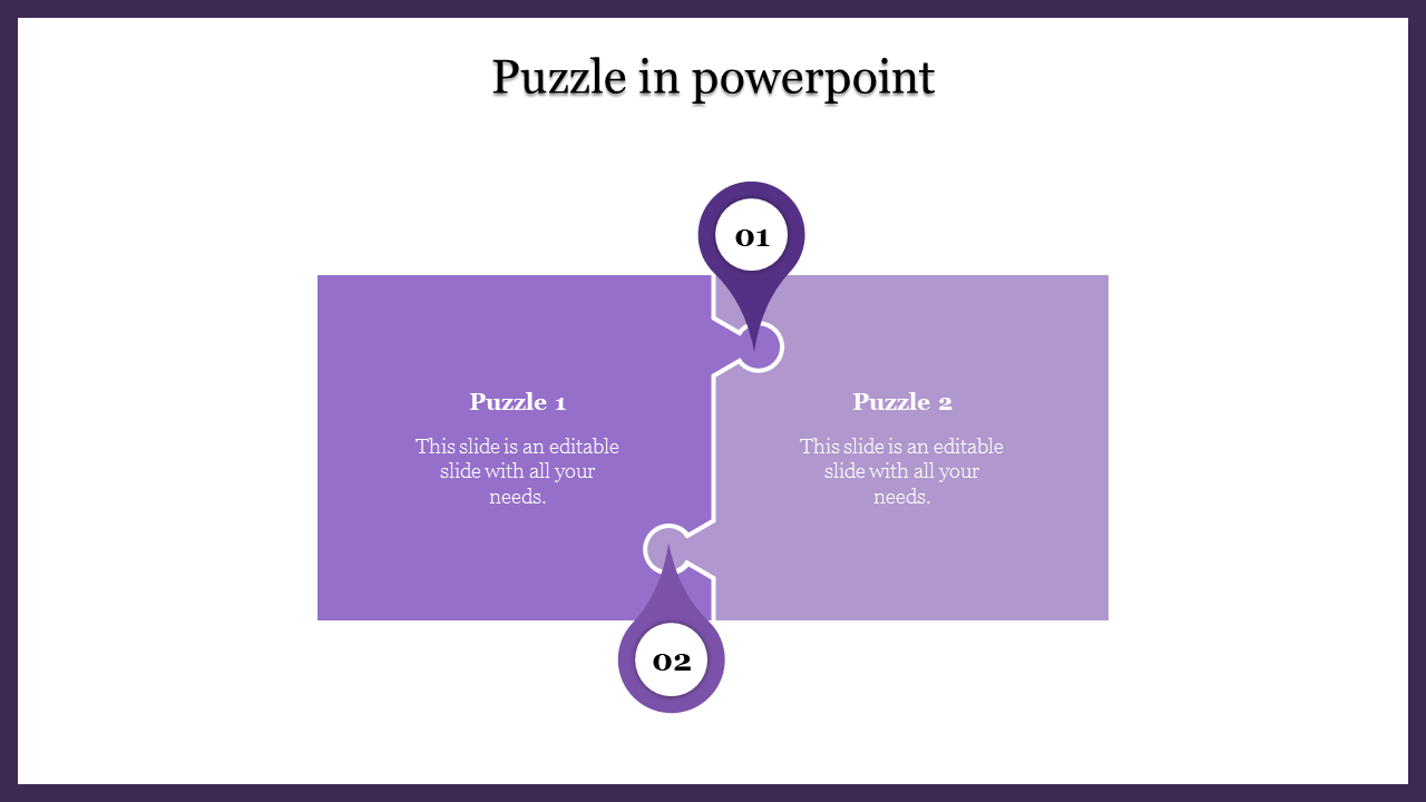 Puzzle PowerPoint slide with two connected purple pieces featuring text areas.