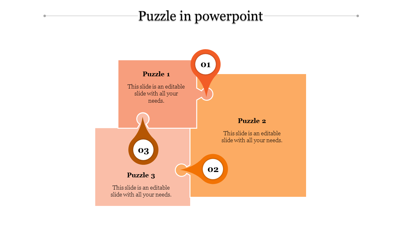 Orange puzzle pieces with white drop shaped pointers numbered 01 to 03, showing a connected design on a white background.