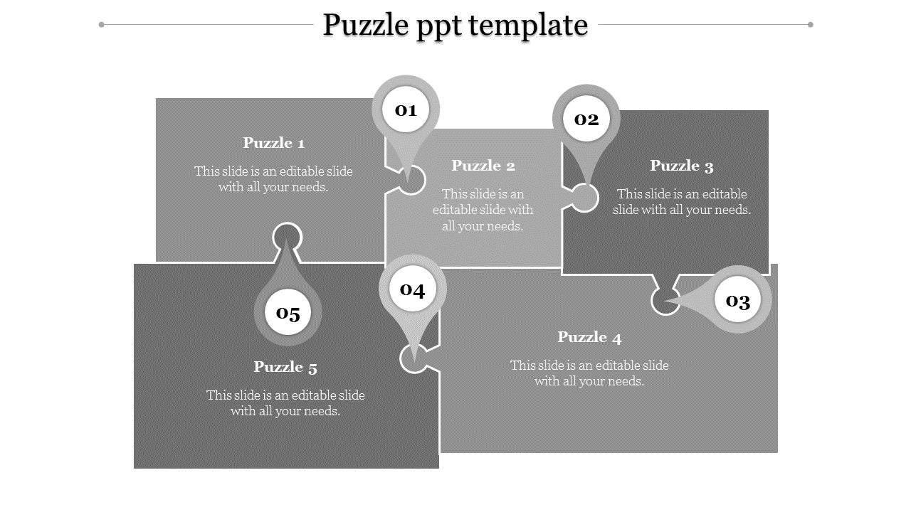 Monochrome layout with five interconnected gray puzzle pieces, each marked with circular numbered pins.