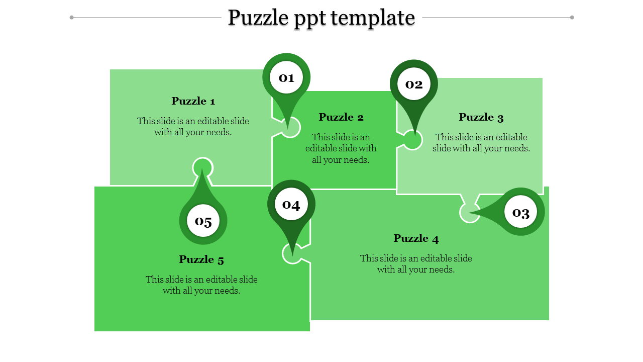 Puzzle themed slide with five sections labeled Puzzle 1 to 5, each with space for text and connected by green colored lines.