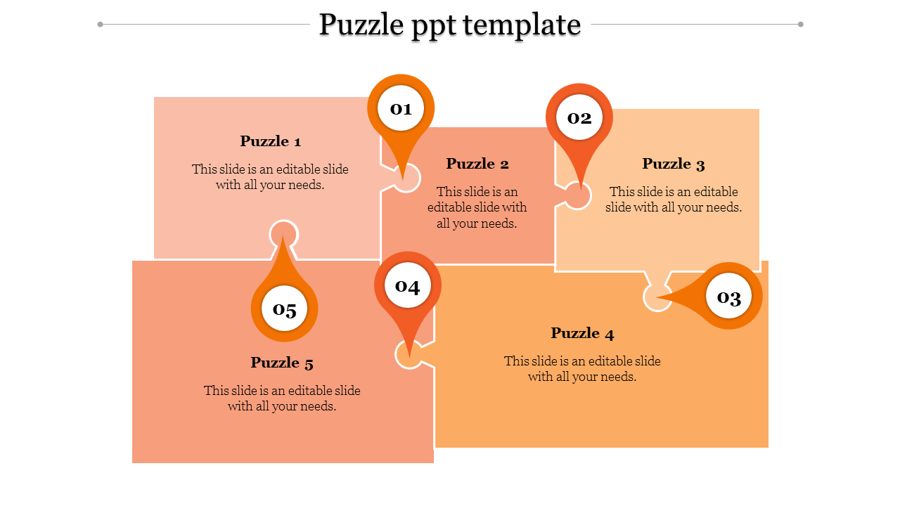 Five interconnected orange puzzle pieces with numbered markers and text, arranged in a square layout on a white background.