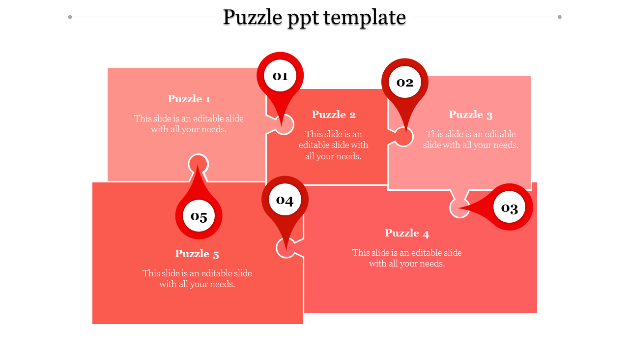 Red-themed puzzle diagram with five connected pieces, each highlighted with a numbered pin placed in a white background.