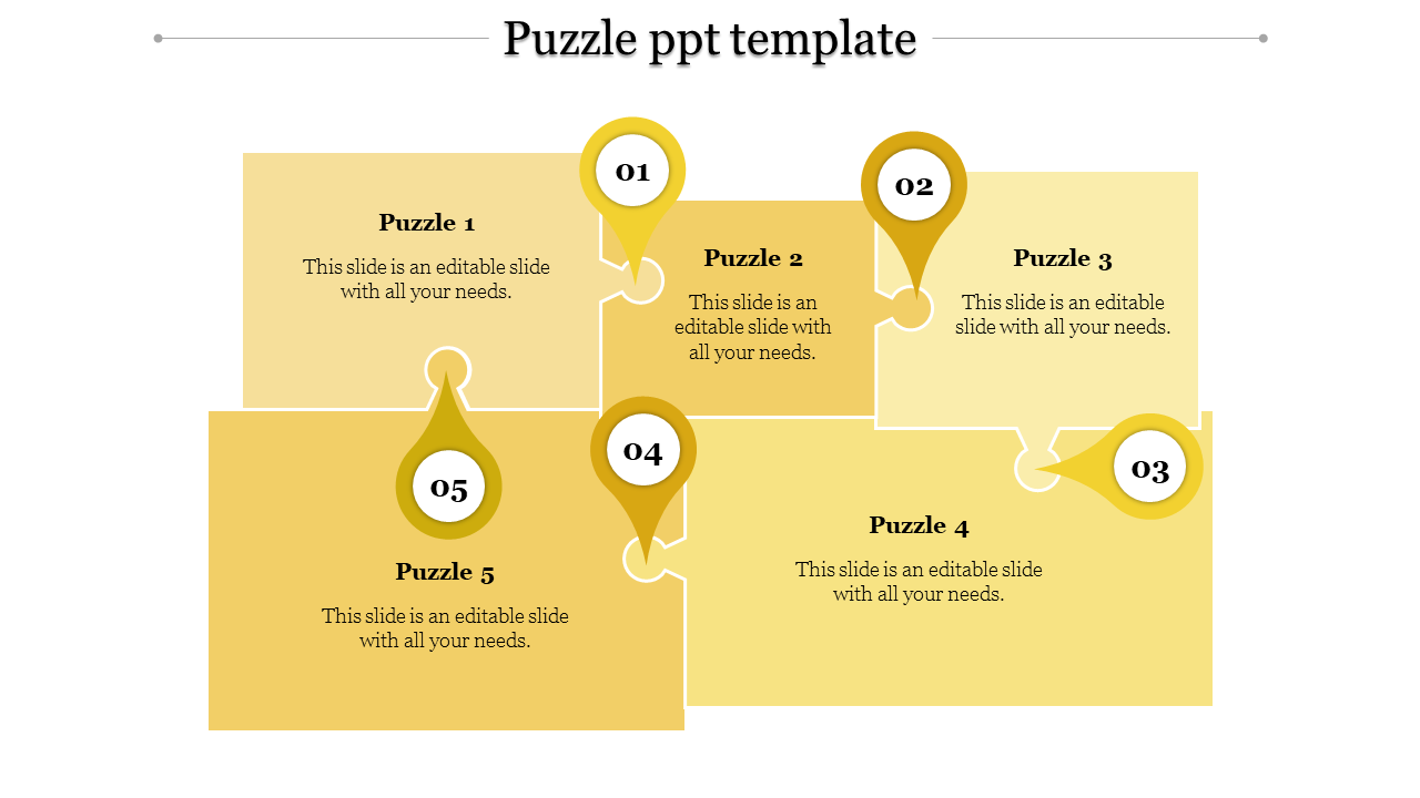 PowerPoint template with five yellow puzzle pieces, each marked with numbers and placeholder text.