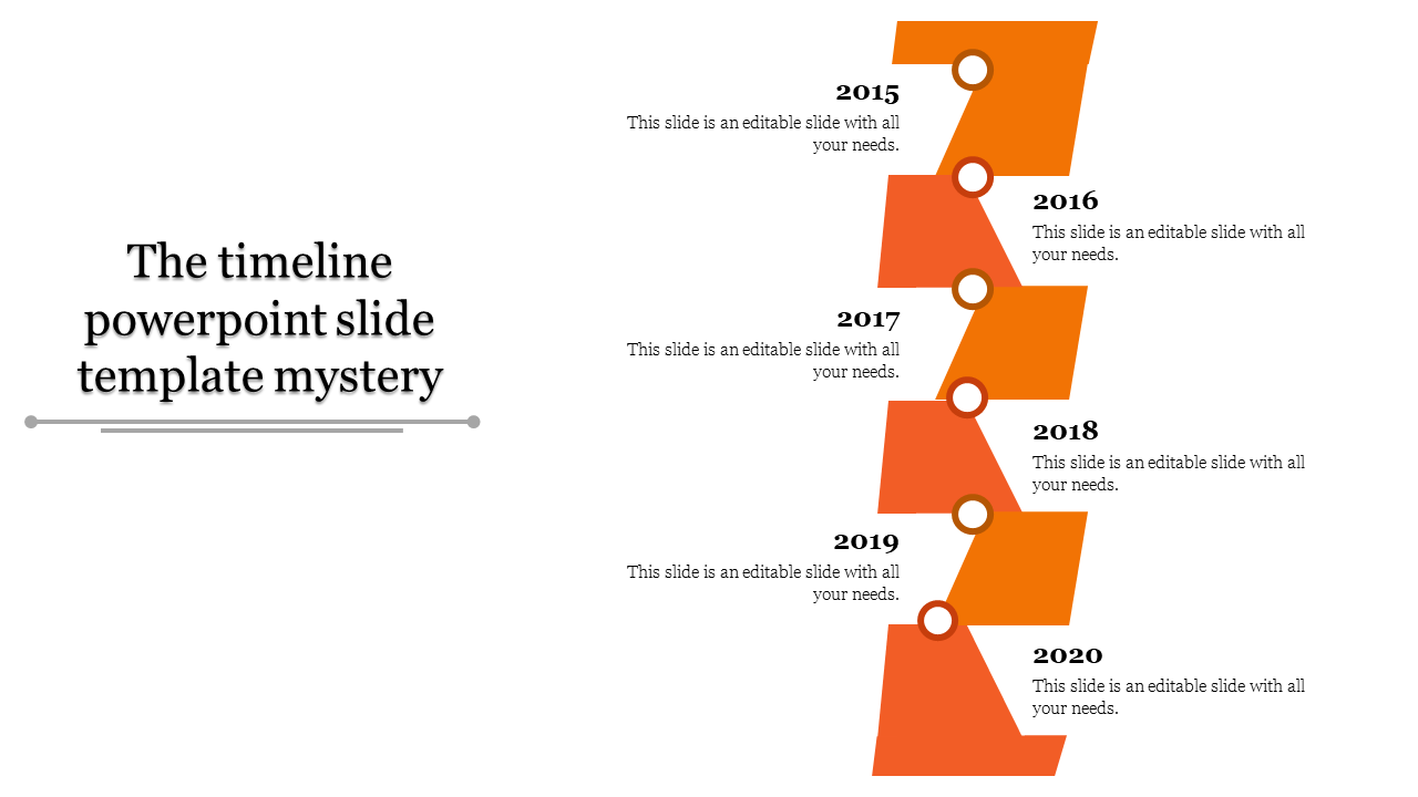 Staggered orange timeline with circular markers and years labeled from 2015 to 2020, paired with text placeholders.