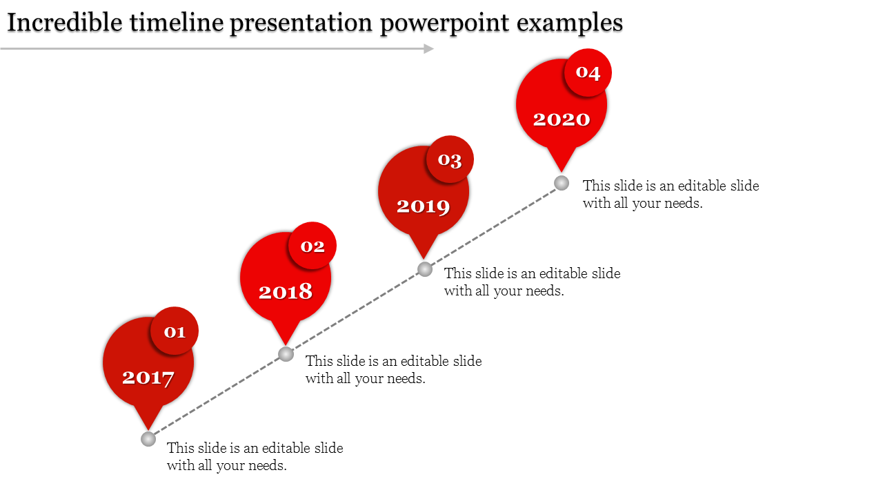 Four step timeline with red teardrop markers and a dotted line indicating a diagonal progression.