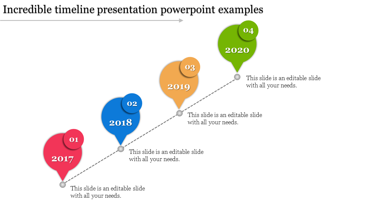 PowerPoint slide with a timeline featuring the years 2017 to 2020, each in a colorful circle with accompanying text.