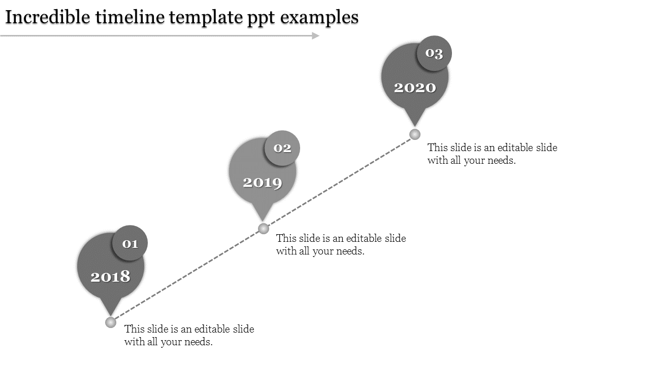 Gray diagonal timeline template showcasing years 2018 to 2020 with circular nodes and text placeholders.