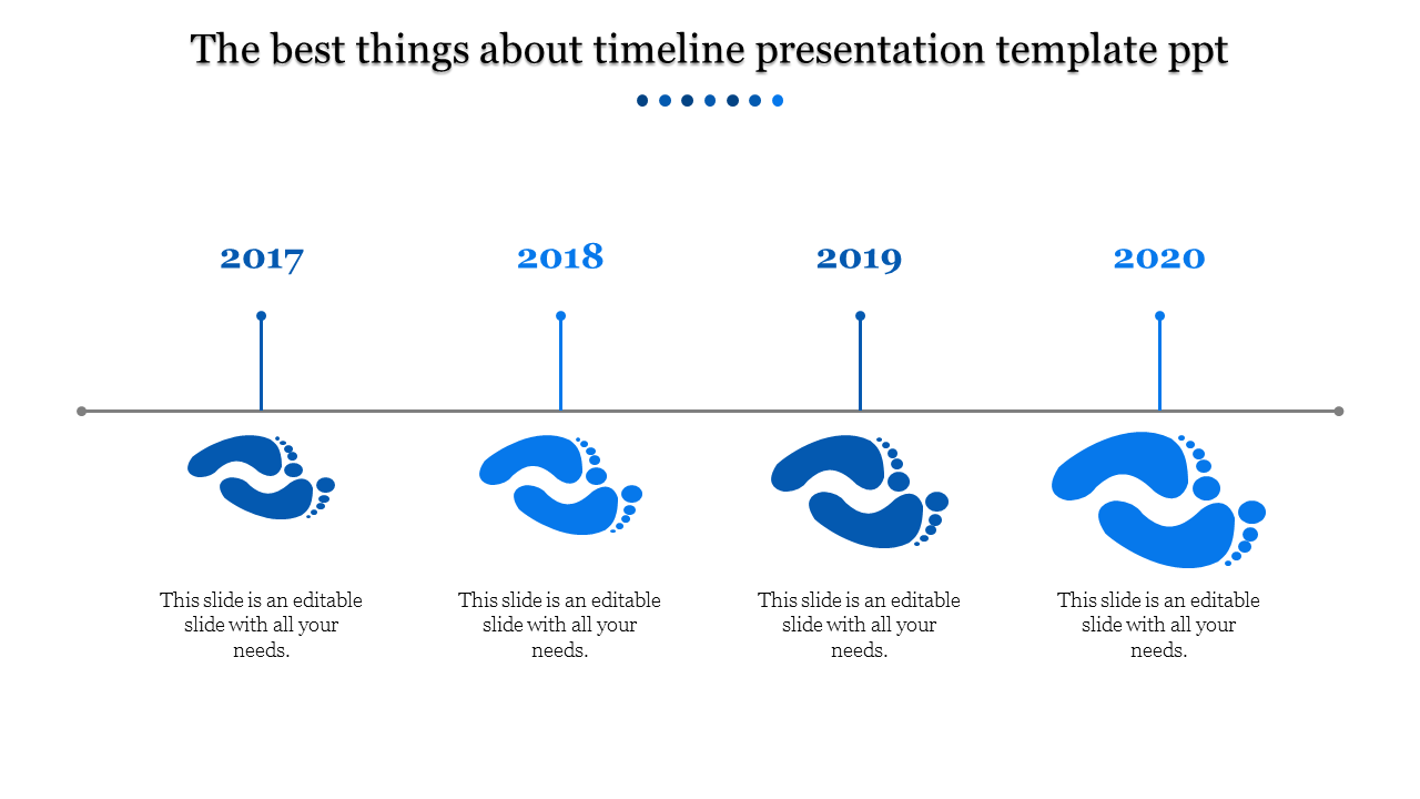 Horizontal timeline with milestones for 2017 to 2020, featuring blue footprints and captions below each marker.