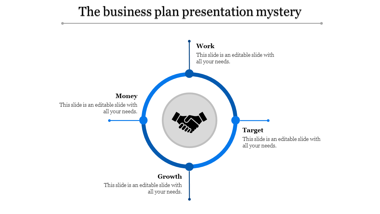 Business PPT template featuring blue circular icons for work, money, target, and growth, with a central handshake symbol.